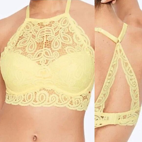 PINK Victorias Secret sexy Lace High Neck yellow padded push up bralette bra M - Picture 1 of 13